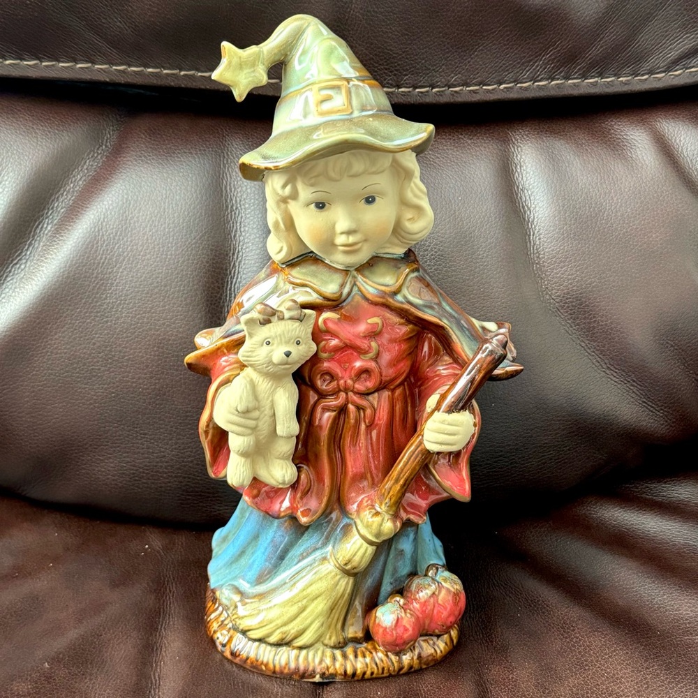 Little Girl Witch with Dog & Apples - Large Vintage Halloween Ceramic Figurine